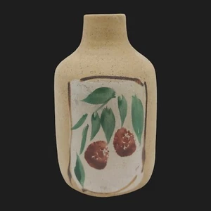 Handmade Signed Pottery Bud Vase - 4.5" Small Beige Cherry Fruit Leaf Stoneware - Picture 1 of 7