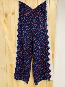 ANTHROPOLOGIE Pull-On **Lace Sleep Pants** Lounge Red Poppies on Purple Blue Lrg - Picture 1 of 15