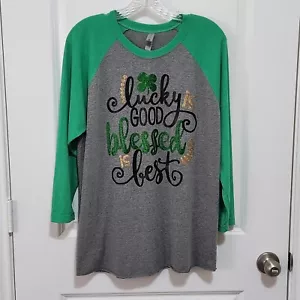 Camicia donna L Lucky Is Good Blessed Is Best giorno di San Patrizio raglan manica 3/4 - Foto 1 di 5
