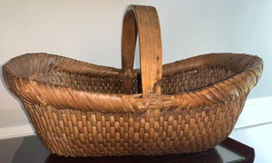 Antique Chinese Woven Willow Market Flower Basket Wood Handle - Picture 1 of 24