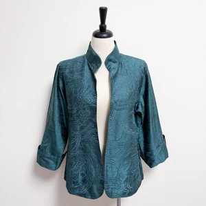 Anu türkis Dupioni Seide bestickt 3/4 Umschlag Manschette Ärmel offene Jacke Large - Bild 1 von 10