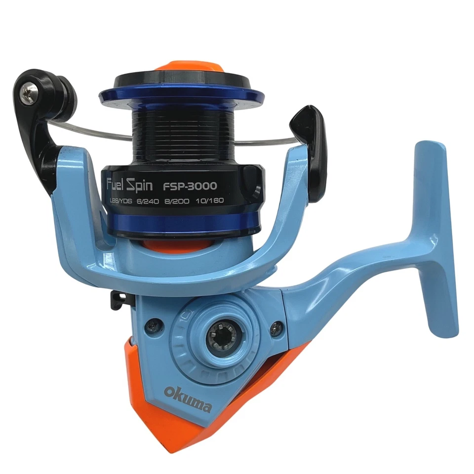 Okuma Fuel Spin FSP-3000 Fishing Reel Light Blue Orange Blue Spool Fishing Gear - Image 1 of 4