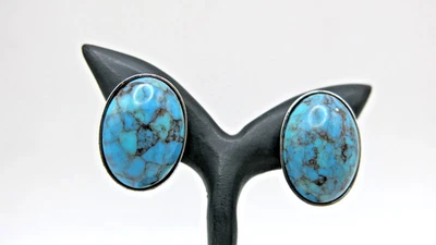 Vintage Turquoise Silver Clip-On Earrings Handmade Bohemian Style Non-Pierce ear - Image 1 of 4