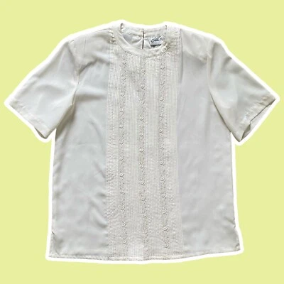 Blusa De Colección ~ Años 80 ~ Claudia Richard ~ Crema Pin Tuck ~ Detalle de Encaje ~ Talla 10 Foto 1 de 4