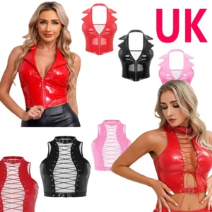 UK Women's Sleeveless Crop Tops Camisole Vest Shiny PVC Leather Fitted Tank Top - Picture 1 of 61