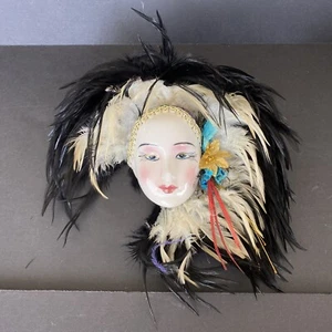 SCHWARZ GOLD Federn KERAMIK Frauen Gesicht MINIATUR hängende Wandkunst Maske dekorieren - Bild 1 von 8