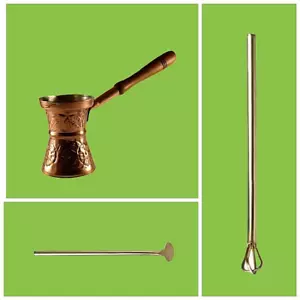 Cafetera de cobre tallada a mano griega (Briki) con mango de madera y agitador/cuchara - Imagen 1 de 6