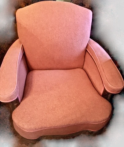 Victorian Upholstered Armchair Pink Wool Mohair Velvet Trim Carved Feet 31x28 Cover