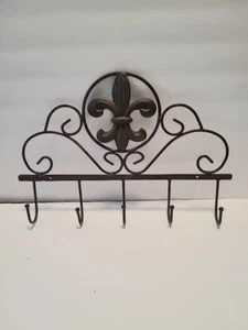 Schmiedeeisen Metall Wandhalterung Garderobe 5 Haken Fleur de Lis Scroll 16" L 10,5" T - Bild 1 von 8