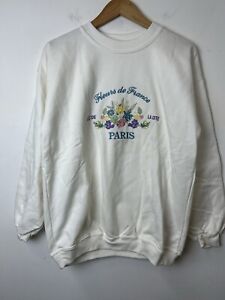 Vintage Women’s Floral Embroidery “Fleurs de France” Crewneck Sweatshirt White M