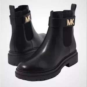 Michael Kors | MK gold logo boots, black smooth leather Chelsea boot NWOB size 7 - Picture 1 of 10