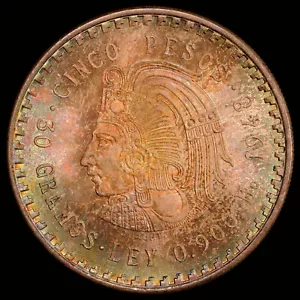 PCGS MS66 1948 Mo Mexico Cuauhtemoc Silver 5 Pesos lustrous with rainbow hues!!! - Picture 1 of 4