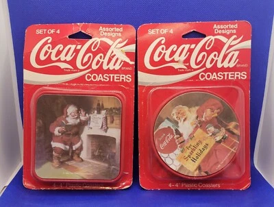 Vintage Set Of 2 Pkgs Of 4 COCA- COLA Coasters Santa Claus Christmas Plastic - Image 1 of 4