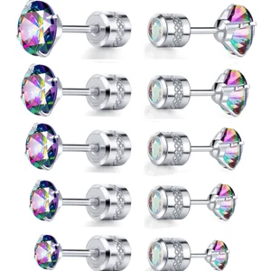 2PCS Silver Stainless Steel Round CZ Screw Back Ear Stud Earrings Men Women - Picture 1 of 19