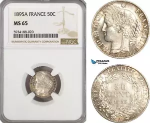 AG488, France, Third Republic, 50 Centimes 1895-A, Paris, Silver, NGC MS65 - Picture 1 of 1