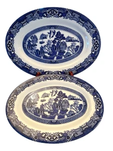 Vintage 2 Royal Cuthbertson Blue Willow Oval Serving Tray Plates 10' & 12' - Picture 1 of 7