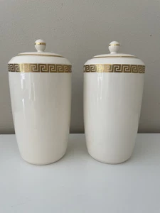 Vintage Pair Of St Michael’s Lidded Jars White/ivory With Gold Greek Key Design - Picture 1 of 8
