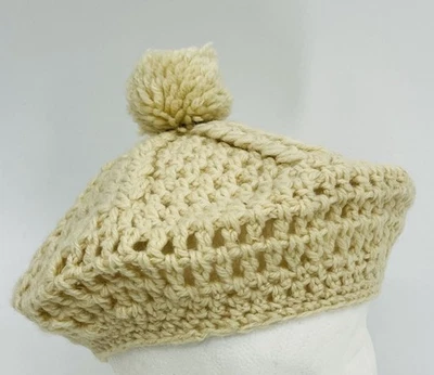 Sombrero Tam Vintage Tejido Lana Crochet con Pom Pom Marfil Foto 1 de 4