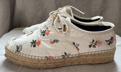 Saint Laurent Womens Shoes Sz 37 1/2 White Floral Print Lace Up Espadrille Boho - Image 1 of 4