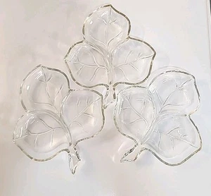 3 Vintage - Clear Glass - Maple Leaf Shaped - Candy / Nut - Dish Bowl - Divided - Picture 1 of 6