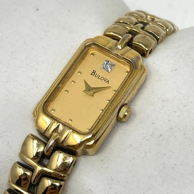 Vintage Bulova Tank Watch Women 14mm Gold Tone 97P77 New Battery TINY 5.5" 1996 - Image 1 of 4