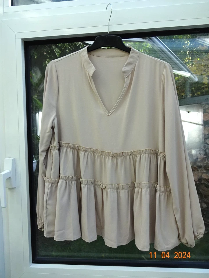 Bluse Damen in taupe Gr. XL von Shein stufig Langarm Stehkragen V-Ausschnitt - Bild 1 von 1