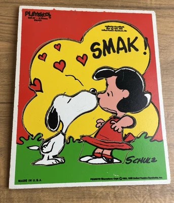 Vintage Snoopy & Lucy Wood Puzzle Playskool SMAK Kisses Large 11.5" x 9.75" - Image 1 of 4