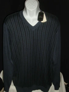 NWT GREG NORMAN BLUE/BLACK STRIPED COTTON/MODAL V-NECK L/S SWEATER XL NO LOGOS - Picture 1 of 9