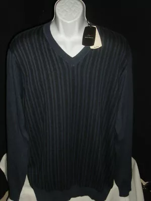 NWT GREG NORMAN BLUE/BLACK STRIPED COTTON/MODAL V-NECK L/S SWEATER XL NO LOGOS - Image 1 of 4