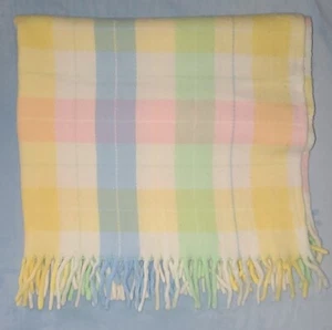 Vtg Pastel Plaid Baby Blanket Acrylic Fringe - Picture 1 of 2