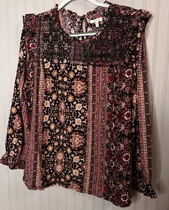 Maurices Womens TOP XL Boho Chic Smocking Keyhole Burgandy Floral Flowy NWOTS - Picture 1 of 15