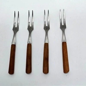 Party Forks Hors d'oeuvre Stainless Steel Cherry Wood Handles Set 4 RARE Japan - Picture 1 of 7