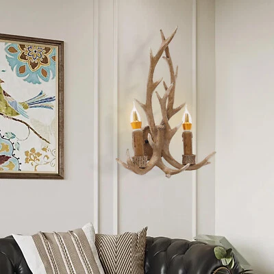 2 -Light Antler Vintage Wall Sconce Indoor Wall Light Retro Deer Horn Lamp Metal - Image 1 of 4