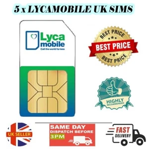 5 x Nowe karty SIM Lycamobile UK Network Pay As You Go 4G / 5G - Zdjęcie 1 z 8