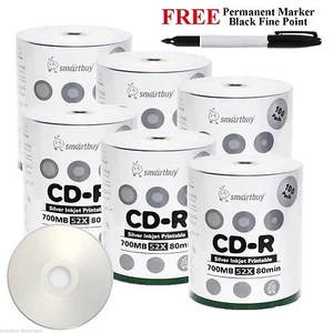 600 Smartbuy 52X CD-R 700 MB disco imprimible por inyección de tinta plateado + marcador permanente negro - Imagen 1 de 4