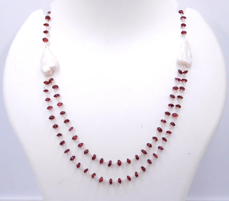 19.4 GM 925 Argento Sterling Naturale Granato Gemma Collana Perle Misura 50.8cm - Immagine 1 di 4