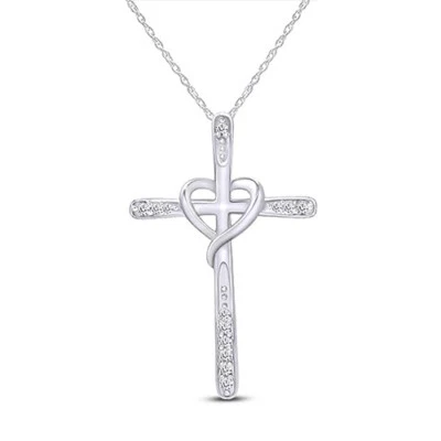 Collar de oro macizo de 18" con colgante de corazón cruz de diamantes redondos naturales de 1/20 quilates Foto 1 de 4