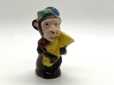 Vintage Hand Painted Monkey Figurine Playing Yellow Horn Made in Occupied Japan  - Image 1 of 4