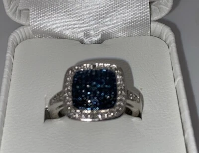 Cushion Cut Fancy Blue Diamond Cluster Ring, Rhodium Overlay Brass, 8.25 EUC - Image 1 of 4