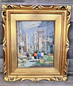 ELETTRO SIGNIERT ÖLGEMÄLDE ITALIENISCHE STRASSENMARKTSZENE VINTAGE KUNST GERAHMT 14x16 - Bild 1 von 8