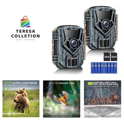 Trail Camera 2 Pack 36 MP 2.7K Game Camera 32GB Memory Card 4 Batteries Time ... - Image 1 of 4