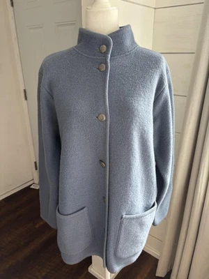 LL Bean Sweater Womens Large Blue Boiled Wool Jacket Mock Neck Buttons Pockets - Image 1 of 4