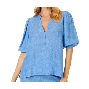 Top Lilly Pulitzer Mialeigh Chambray lino Beckon blu sale marino scollo a V taglia 6 - Foto 1 di 11