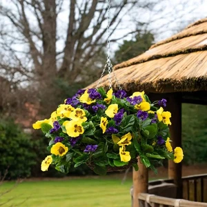 Artificial Purple & Yellow Pansy Flower Hanging Basket - Picture 1 of 6