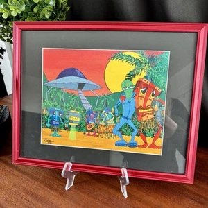 Vtg Damon Ramsey Alien UFO Print 11.5x15 – Framed Sci-Fi Pop Surrealism Wall Art - Picture 1 of 7