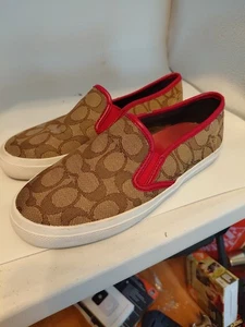 COACH ‘Chrissy’ Logo Jacquard Tan/ Red Trim Slip-On Shoes Sz 6B Sneaker Women - Picture 1 of 6