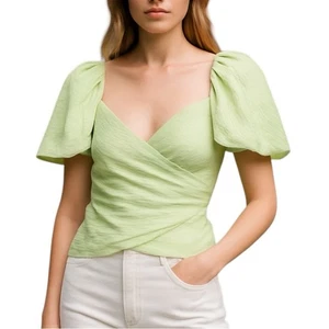 Jonathan Simkhai Plisse Green Faux Wrap Puff Sleeve Blouse 4 - Picture 1 of 9