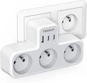 TESSAN 6 en 1 Multiprise Murale Française 3 Sortie AC et 3 Ports USB, Multiples - Photo 1/7