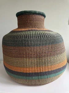 Large Hand-woven African Bolga Basket from Ghana Garlic Gourd VINTAGE Stripe - Picture 1 of 12