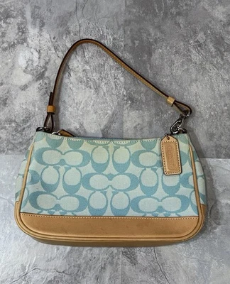 COACH Signature Demi Mini Pouch Shoulder Bag Canvas Leather Light Blue VTG 6094 - Image 1 of 4
